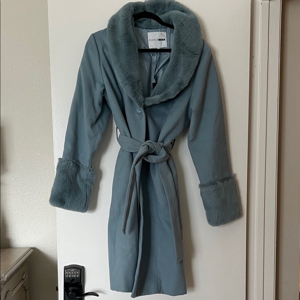 Fashion Nova Blue Faux Fur Trim Coat